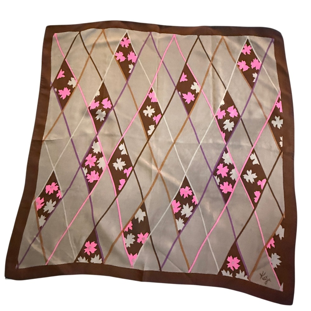 Katja Vintage 100%‎ Silk Scarf Brown Pink Tan Argyle Floral Made in Japan